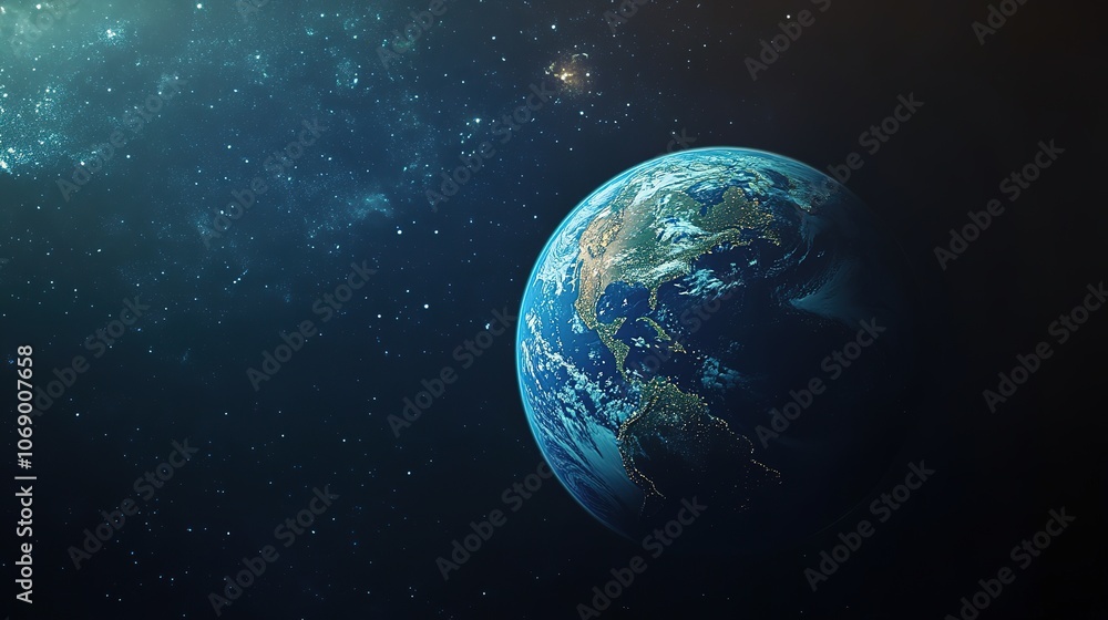 Fototapeta premium Earth planet in space orbit wallpaper, blue and green world globe illustration, global environmental concept background, 3D ecological sphere visual, Earth Day atmosphere HD