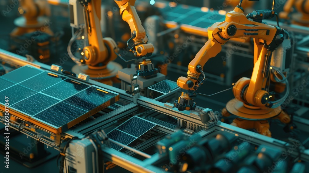 Automated Robots Assembling Solar Panels in Factory