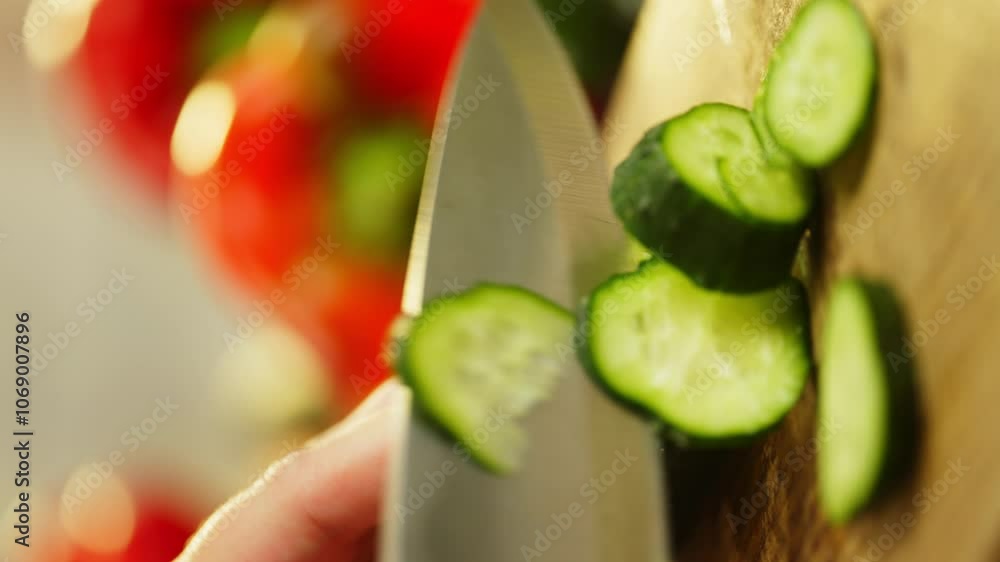 A vertical shot of women's hands cutting a green cucumber into circles. High quality 4k footage A vertical shot of women's hands cutting a green cucumber into circles. High quality 4k footage