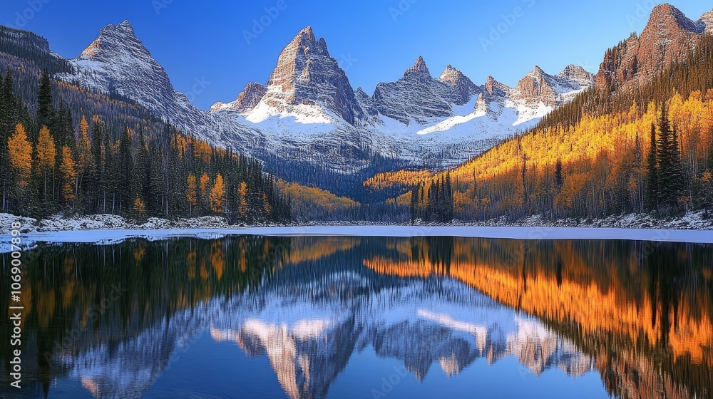 Fototapeta premium Serene mountain landscape reflecting on a calm lake during autumn.