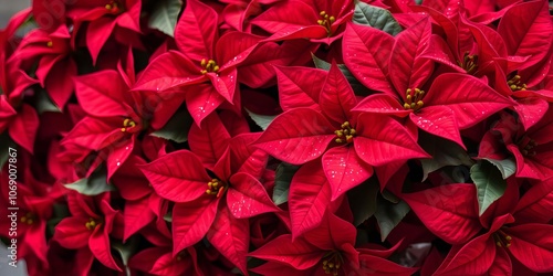 Vibrant red poinsettia flowers arranged on a deep red background, Christmas, festive display