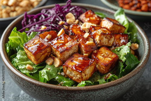 a vegan pad Thai with tofu and peanuts in a bowl.