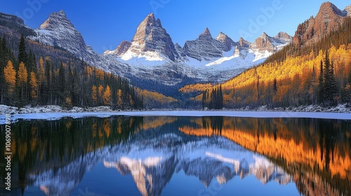 Serene mountain landscape reflecting on a calm lake during autumn.