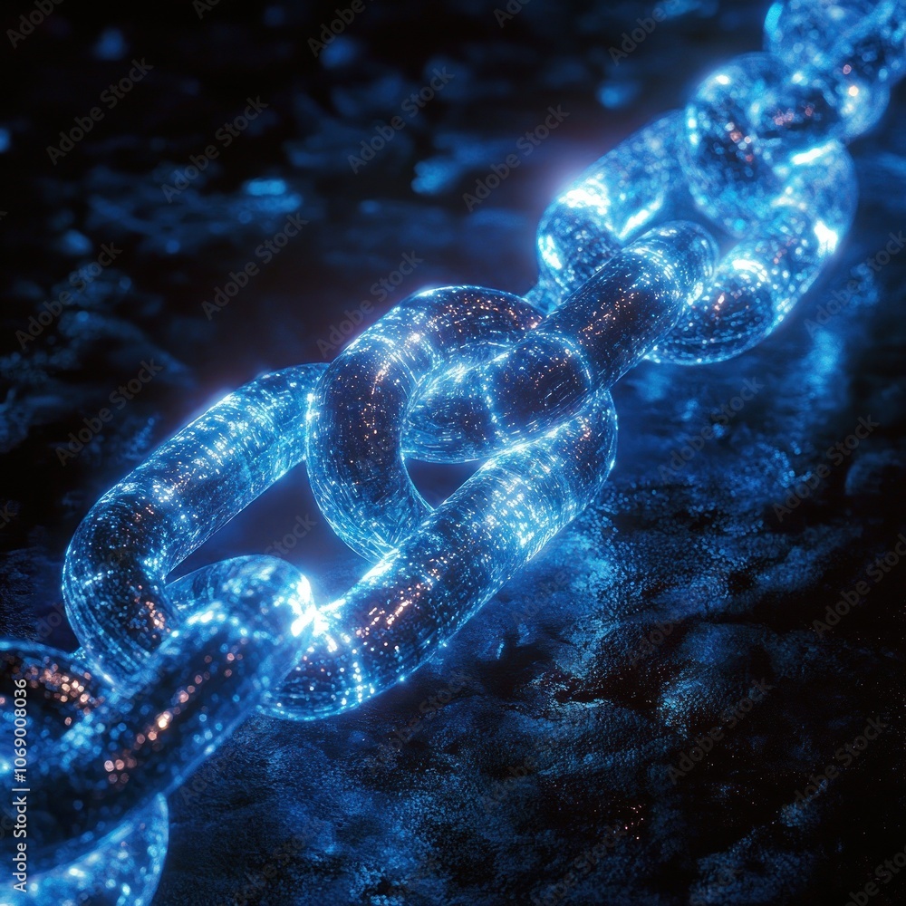 A glowing blue chain made of particles or pixels sits on a dark, textured surface. A glowing blue chain made of particles or pixels sits on a dark, textured surface.