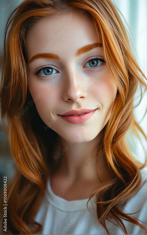 Portrait of an attractive young woman with a short haircut and bright smile in the interior of her room in a minimalist style. Portrait of an attractive young woman with a short haircut and bright smile in the interior of her room in a minimalist style.