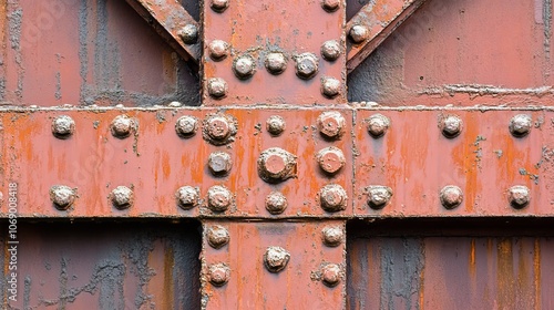 Close-up of a weathered metal structure with rivets and rust, showcasing industrial design elements.