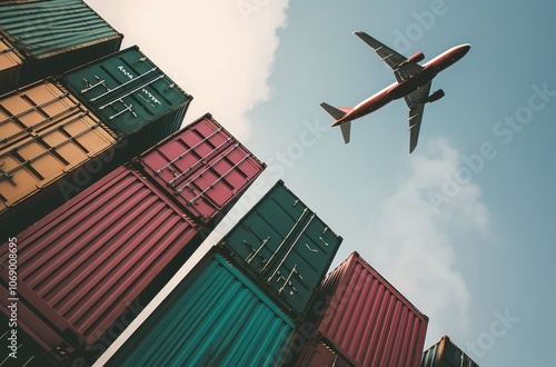 Airplane Flying Over Colorful Cargo Containers