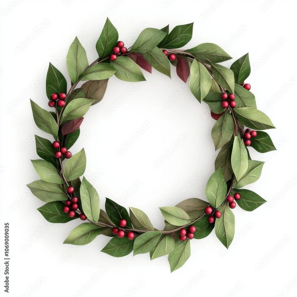 Fototapeta premium A festive wreath made of green leaves and red berries, perfect for decoration during celebrations.