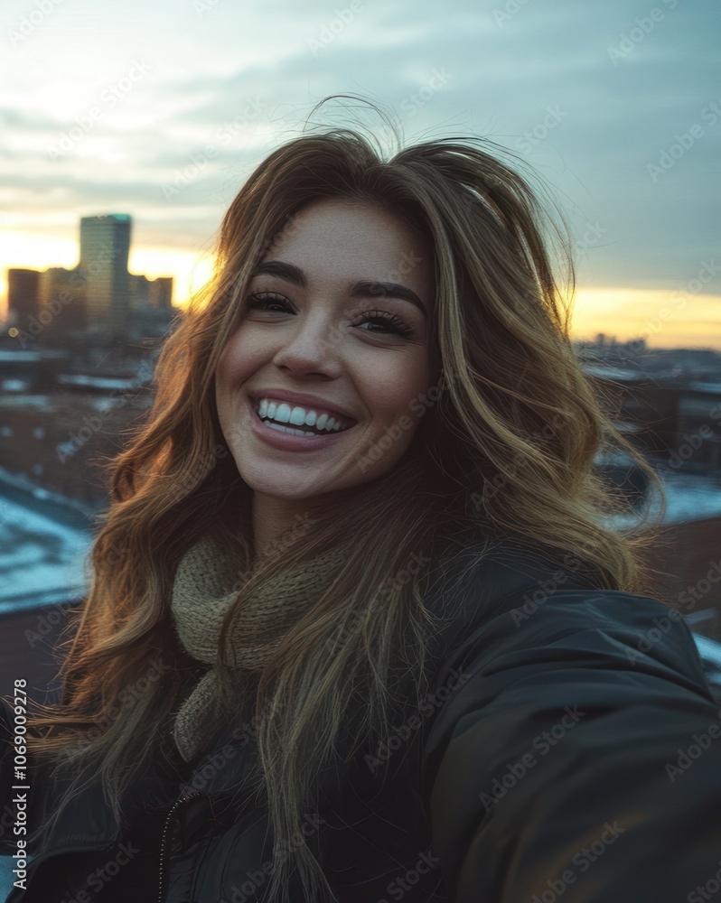 A smiling woman takes a selfie against a sunset backdrop in an urban setting. A smiling woman takes a selfie against a sunset backdrop in an urban setting.