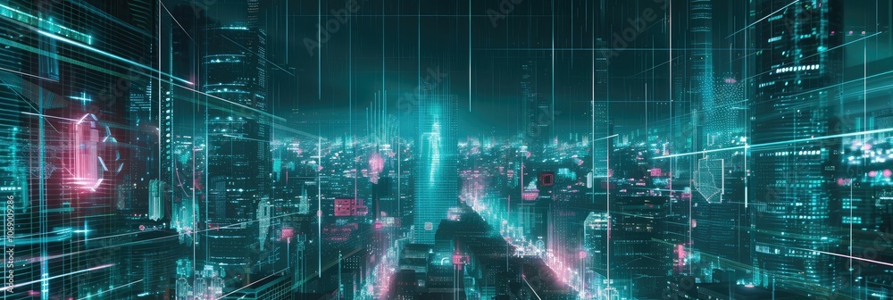 Futuristic Cityscape with Digital Network Overlay Futuristic Cityscape with Digital Network Overlay