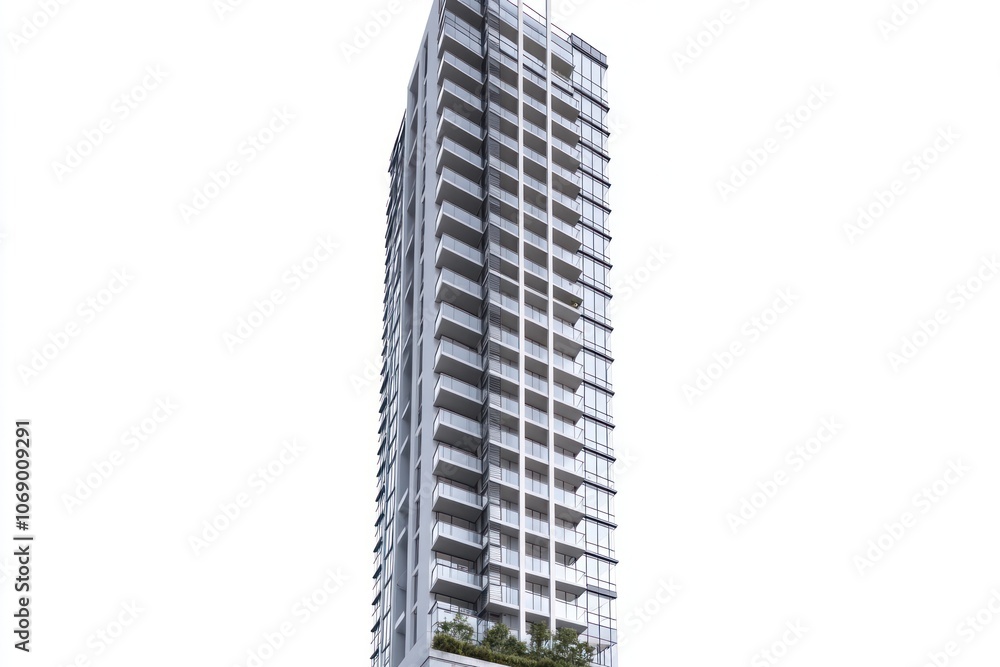 A modern high-rise building featuring balconies and greenery at the base. A modern high-rise building featuring balconies and greenery at the base.