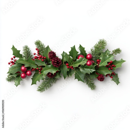 A festive arrangement featuring holly, pinecones, and red ornaments, perfect for holiday decor.