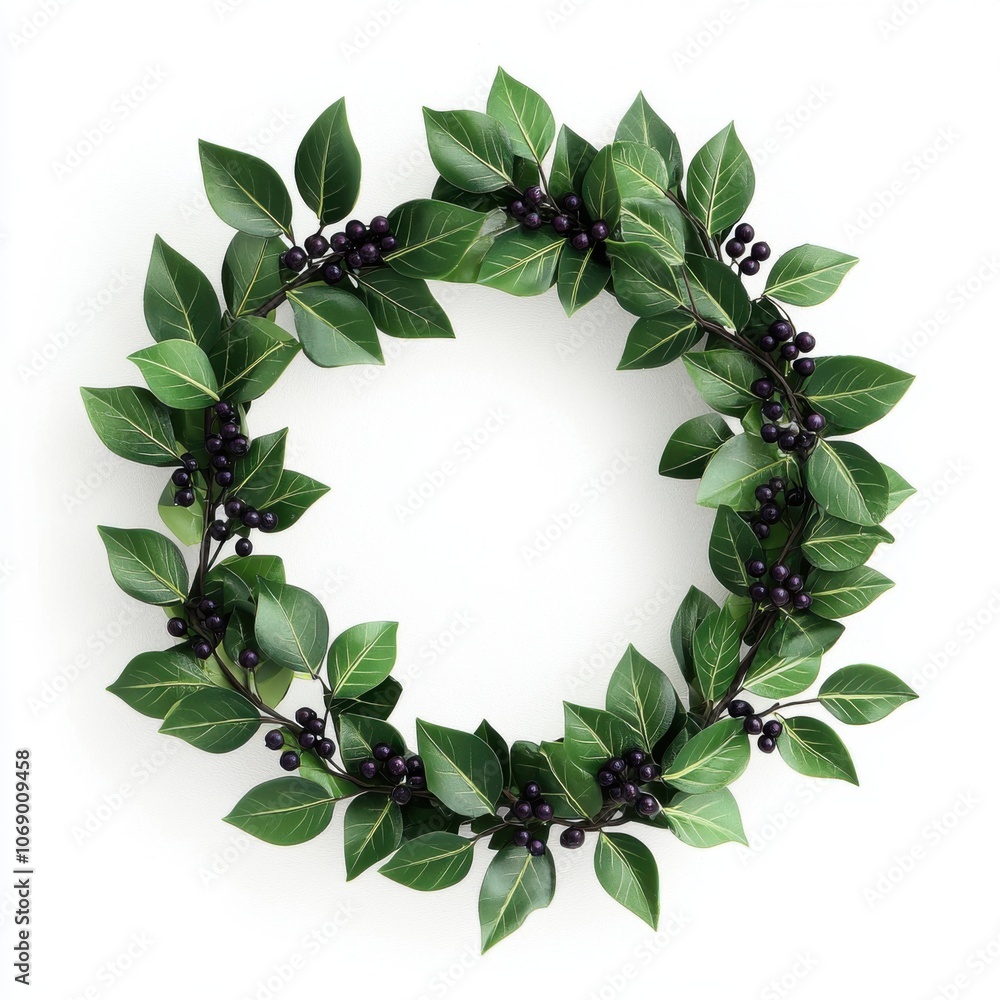 Fototapeta premium A lush green wreath adorned with dark berries, perfect for seasonal decor, symbolizing nature and beauty in home settings.