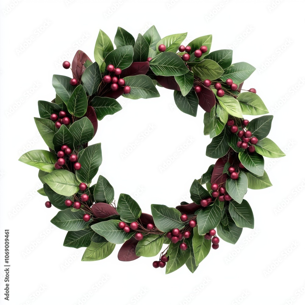 Fototapeta premium A festive wreath made of lush green leaves and red berries, ideal for holiday decorations and seasonal gatherings.