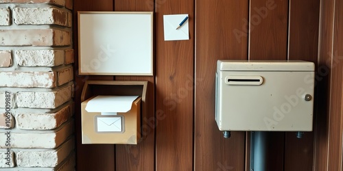 A close-up shot of a vintage mail slot surrounded by wooden panels and bricks in a traditional post-office setting, mail slot, post office photo