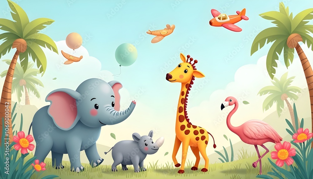 Naklejka premium A colorful children's wallpaper featuring an elephant, giraffe, rhinoceros, and flamingo playfully set against a background of palm trees. 