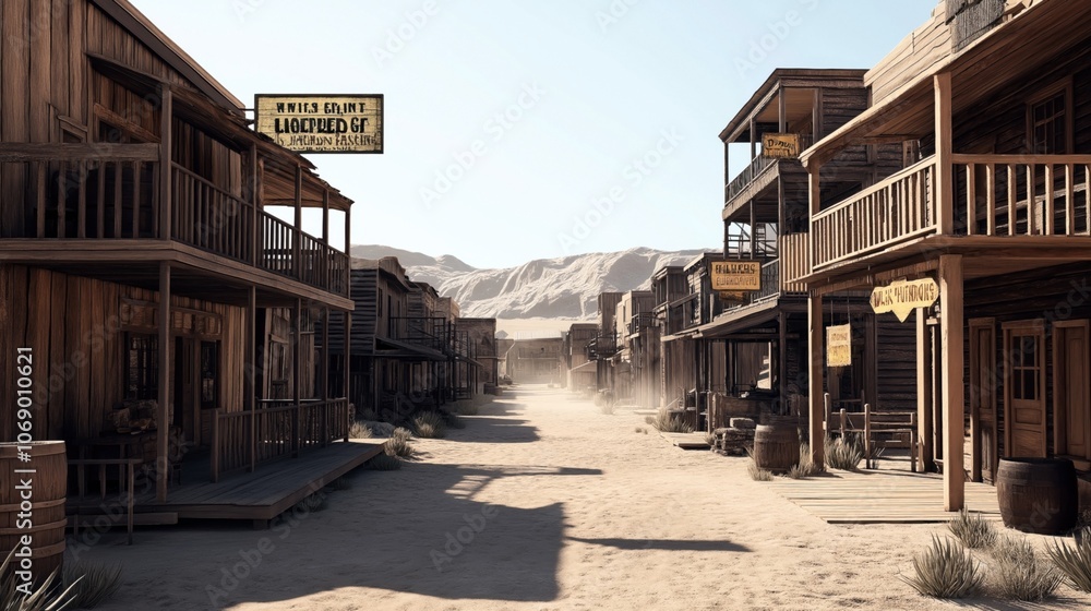 Deserted old western town street with wooden buildings, balconies, signboards, and dusty ground, surrounded by distant mountains under clear sky, evoking historical and rustic atmosphere. Deserted old western town street with wooden buildings, balconies, signboards, and dusty ground, surrounded by distant mountains under clear sky, evoking historical and rustic atmosphere.