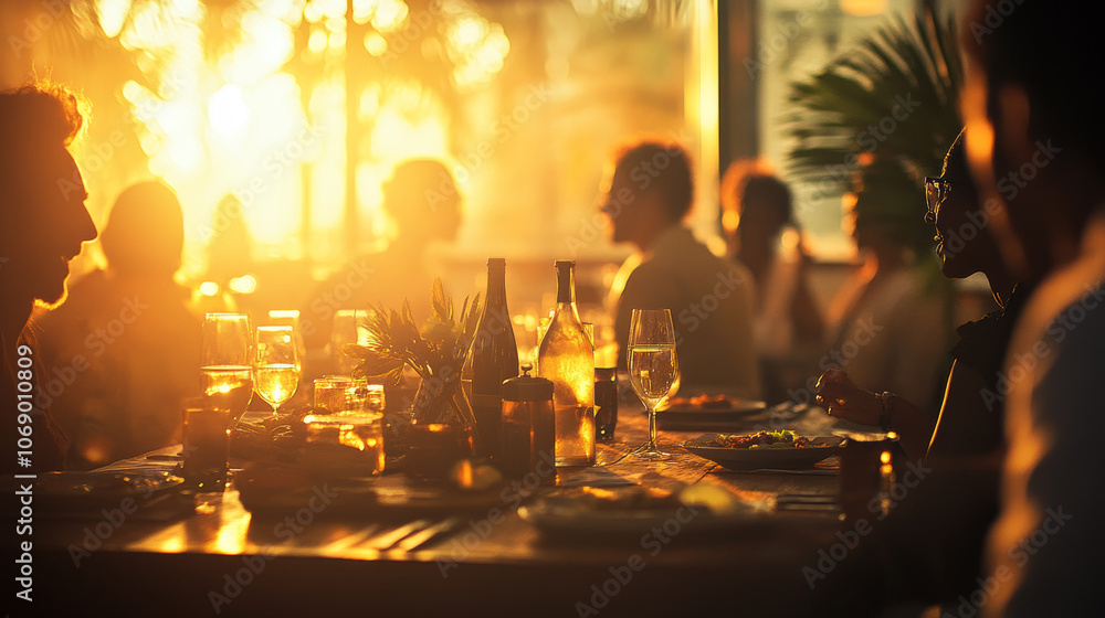 Golden Hour Dinner Party: Diverse Friends, Sunset Feast, Warm Lighting, Delicious Food, Casual Gathering Golden Hour Dinner Party: Diverse Friends, Sunset Feast, Warm Lighting, Delicious Food, Casual Gathering