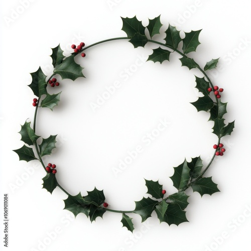 A circular wreath made of holly leaves and berries, symbolizing festive cheer and used for decoration during the holiday season.