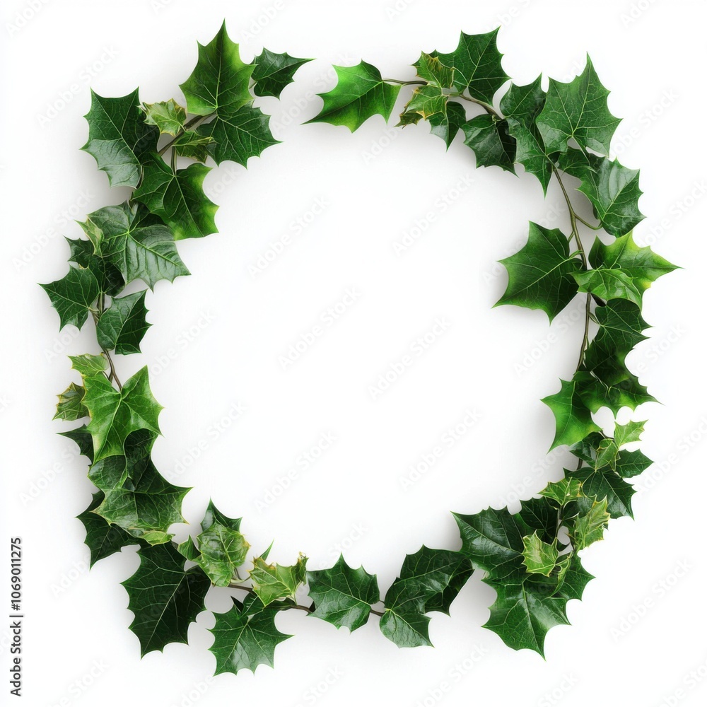 Fototapeta premium A circular wreath made of lush green holly leaves, perfect for holiday decorations or festive themes.
