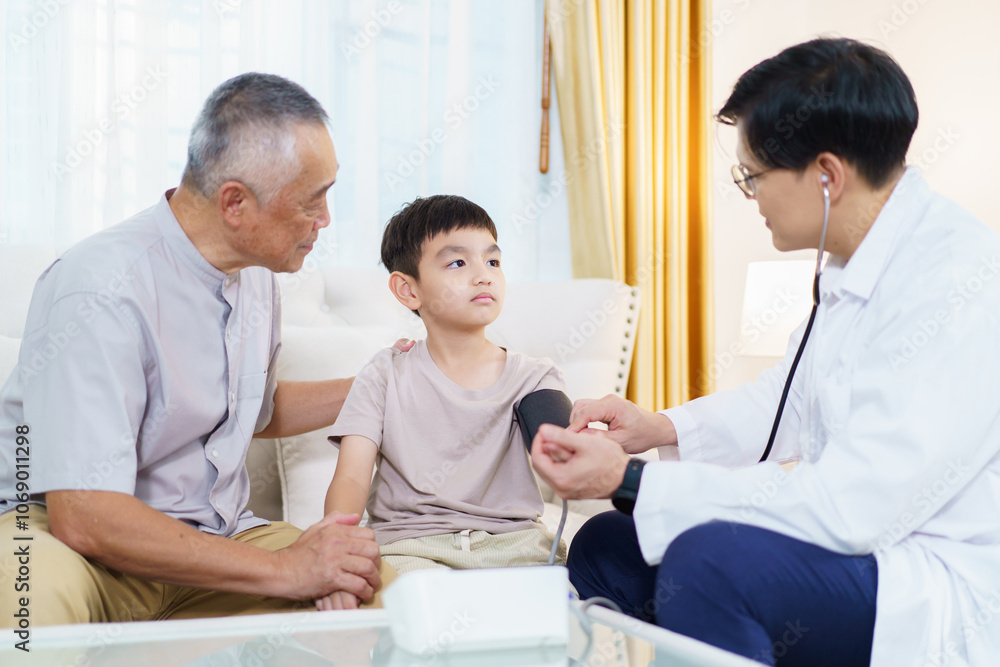 Grandfather take his grandson to see a doctor. Grandfather take his grandson to see a doctor.