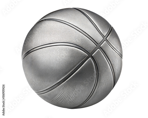Silver basketball with unique texturing, showcases its sleek design and craftsmanship. Isolated on transparent or white background.