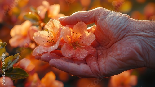 Delicate Hand Holding Pink Blossoms with Water Drops