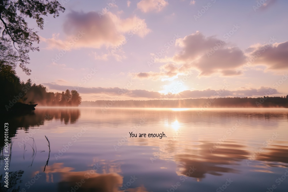 Fototapeta premium Sonnenaufgang über einem ruhigen See mit inspirierendem Zitat