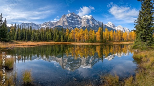 Scenic mountain landscape with autumn tree reflecting in a serene lake under a blue sky.