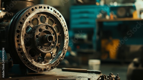 Car flywheel assembly details are shown in a workshop, part of engine repair work photo