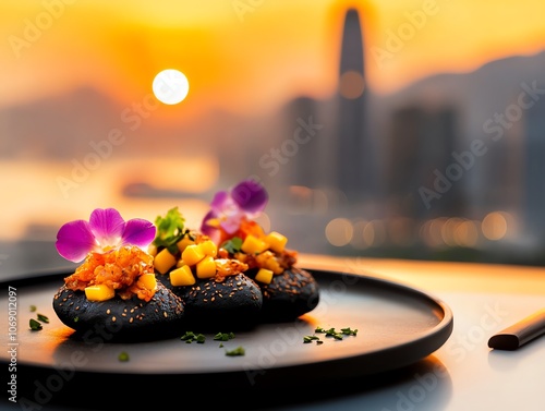 Charcoal and squid ink bao buns with crispy soft shell crab and mango salsa, Hong Kong skyline glowing in the distance, vibrant and luxurious plating, ultrarealistic gourmet fusion photo