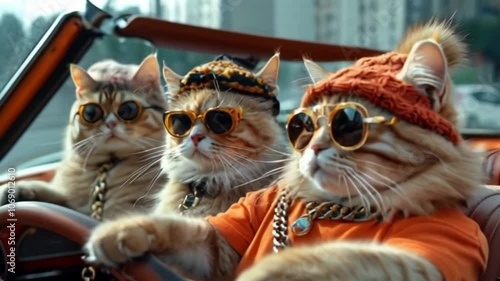 group of rich, important, fluffy cats in knitted hat and sunglasses in chains and jewelry, driving in an open car, in a convertible driving, driving along the city street. generation ai.