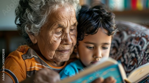 Grandmother and grandson, snuggled together, immersed in a favorite storybook.