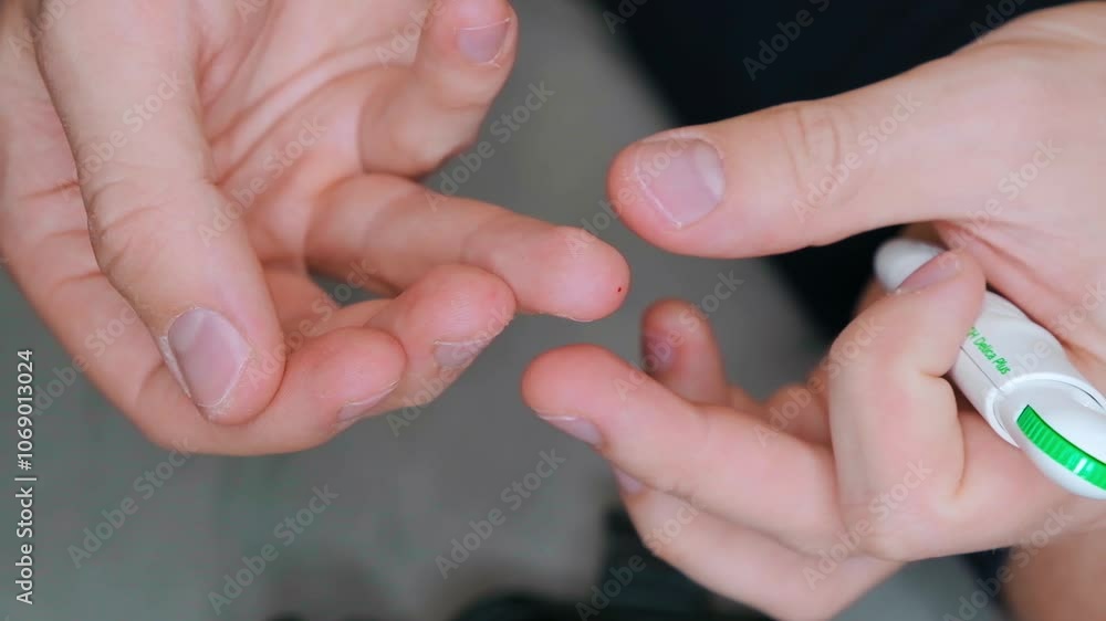 A man pierces his finger with a lancet and uses a glucose meter to measure glucose and sugar levels in diabetics. Saint Petersburg, Russia - 26 July 2024 A man pierces his finger with a lancet and uses a glucose meter to measure glucose and sugar levels in diabetics. Saint Petersburg, Russia - 26 July 2024
