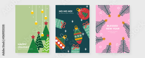 Festive Holiday Cards with Love and Joy Themes. Set of three festive holiday cards featuring love and joy themes with ornament designs. Perfect for spreading cheer during the holiday season