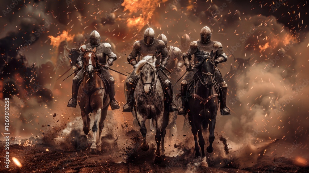 Fototapeta premium Four armored knights on horseback navigate a fiery battlefield amidst smoke and flames. Each wields a sword, creating a dramatic war scene.