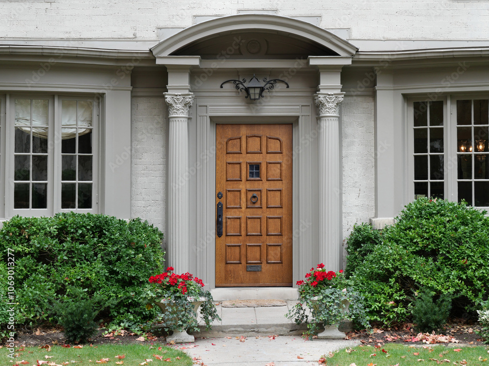 House with elegant wood grain front door and columns House with elegant wood grain front door and columns