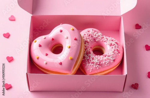 Two pink heart-shaped donuts with sprinkles in box on pink background for Valentine's Day