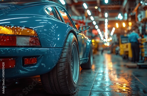 Wallpaper Mural Classic Blue Car in Automotive Workshop Setting Torontodigital.ca