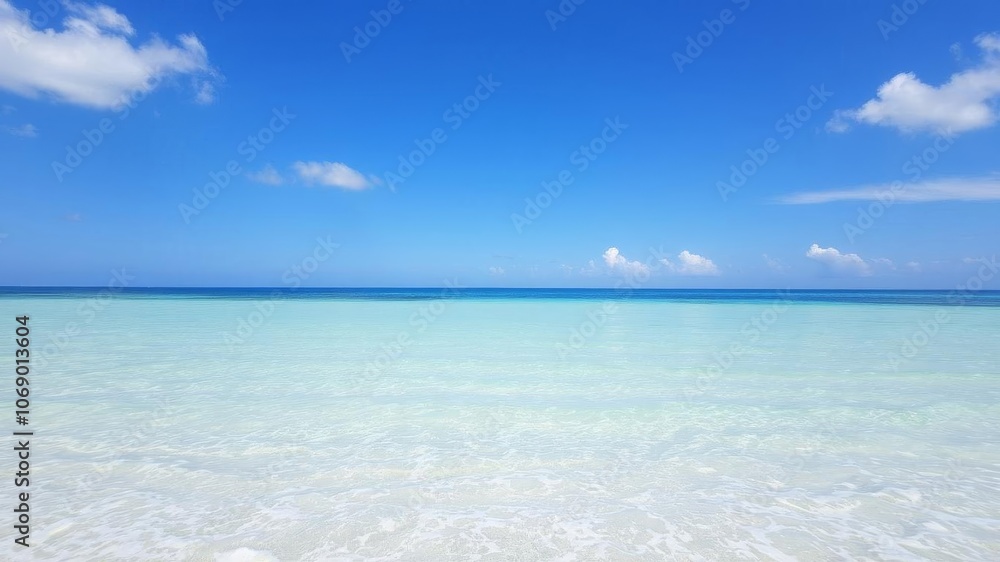 A tranquil view of the vast ocean under a clear blue sky with gentle waves lapping against the shore, beach, ocean A tranquil view of the vast ocean under a clear blue sky with gentle waves lapping against the shore, beach, ocean