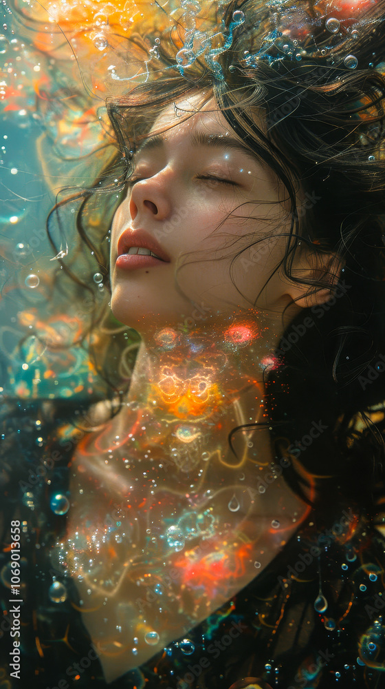 Dreaming Woman Immersed in Illuminated Subconscious Universe of Thoughts and Memories, Abstract Mindscape Art Dreaming Woman Immersed in Illuminated Subconscious Universe of Thoughts and Memories, Abstract Mindscape Art