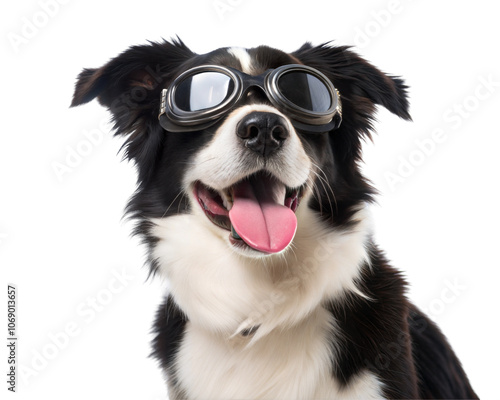 Black and white dog wearing goggles with its tongue out, exuding joy and playfulness. Isolated on transparent or white background.