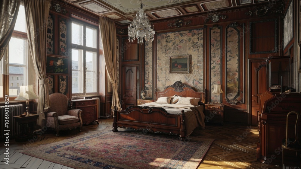 Fototapeta premium Luxurious Victorian bedroom with wooden furnishings, classic artworks, and elegant details. Features a large bed, antique bedside tables, and cozy armchair.