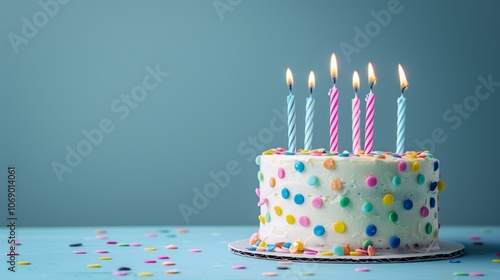 Colorful birthday cake with lit blue and pink candles on a blue background. Festive birthday celebration vibe with unlit candles nearby.