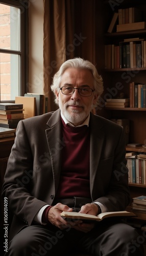 Distinguished scholar with thoughtful expression reading in cozy library setting