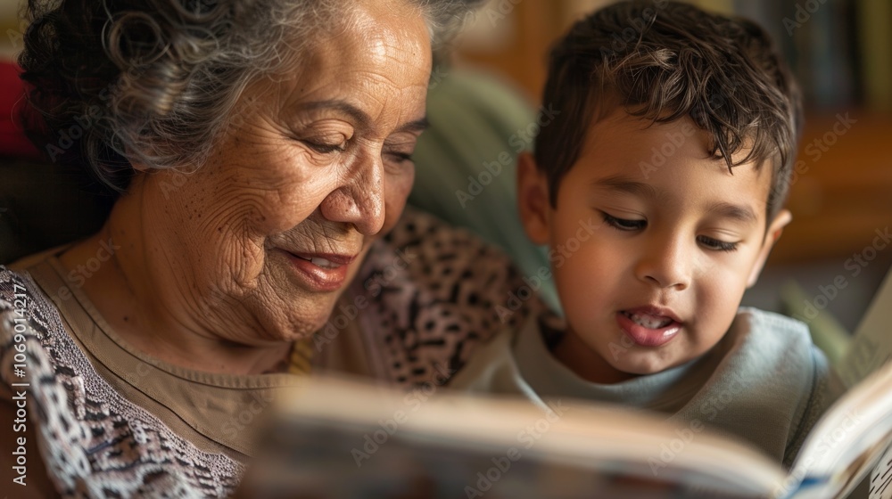A warm and nurturing moment of a grandmother introducing her grandson to the joy of reading. A warm and nurturing moment of a grandmother introducing her grandson to the joy of reading.