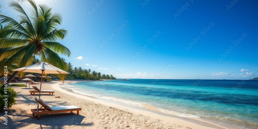 Fototapeta premium A vibrant beach scene with colorful umbrellas, lounge chairs, and crystal clear water on a sunny day, relax, hot