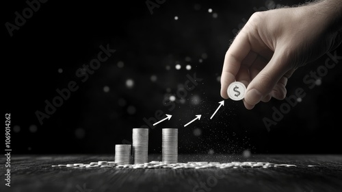A hand gently placing a coin into a growing stack, with arrows pointing upward in the background to signify financial progress and growth, Photorealistic