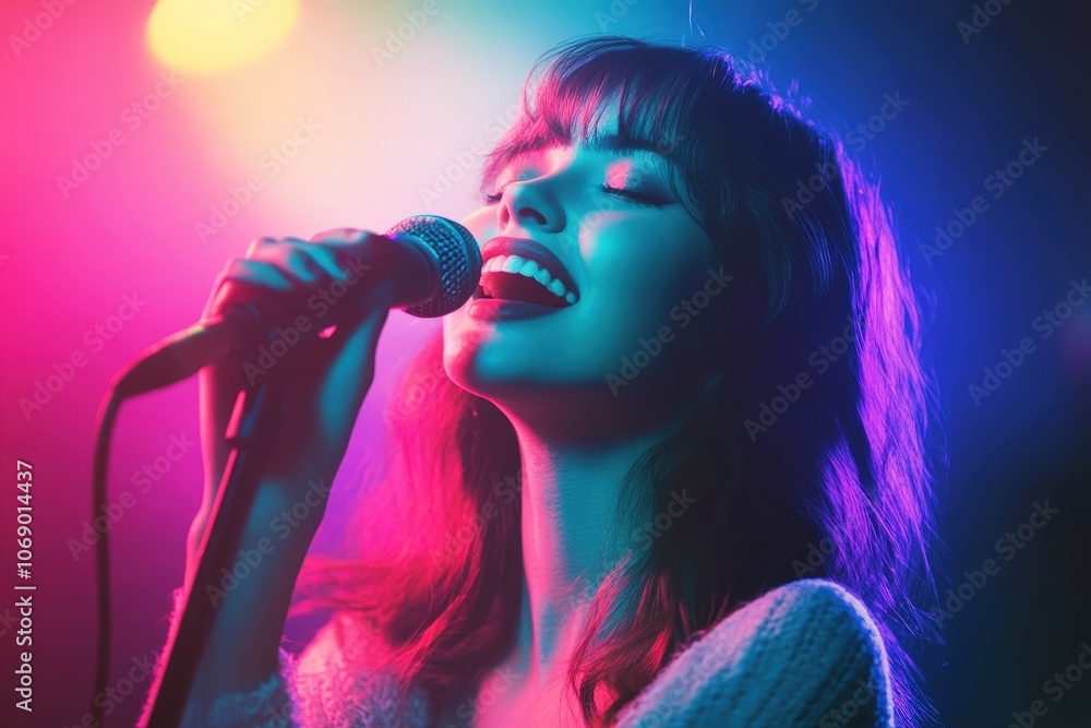 Neon Dreams: A young woman passionately sings into a microphone, bathed in vibrant neon pink and blue stage lights. The image captures the raw energy and emotion of live performance. Neon Dreams: A young woman passionately sings into a microphone, bathed in vibrant neon pink and blue stage lights. The image captures the raw energy and emotion of live performance.