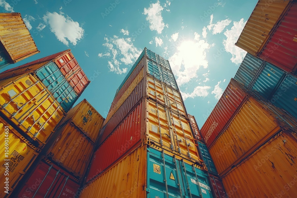 Fototapeta premium Stacked Cargo Containers Against a Blue Sky with White Clouds